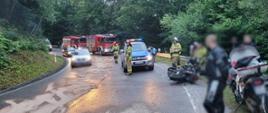 Motocykl leży na poboczu drogi. Obok inni motocykliści. W tle pojazdy służb uczestniczących w zdarzeniu.