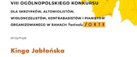 Dyplom wyróżnienia w Ósmym Ogólnopolskim Konkursie dla skrzypków, altowiolistów, wiolonczelistów, kontrabasistów i pianistów organizowanego w ramach Festiwalu FORTE otrzymała Kinga Jabłońska.