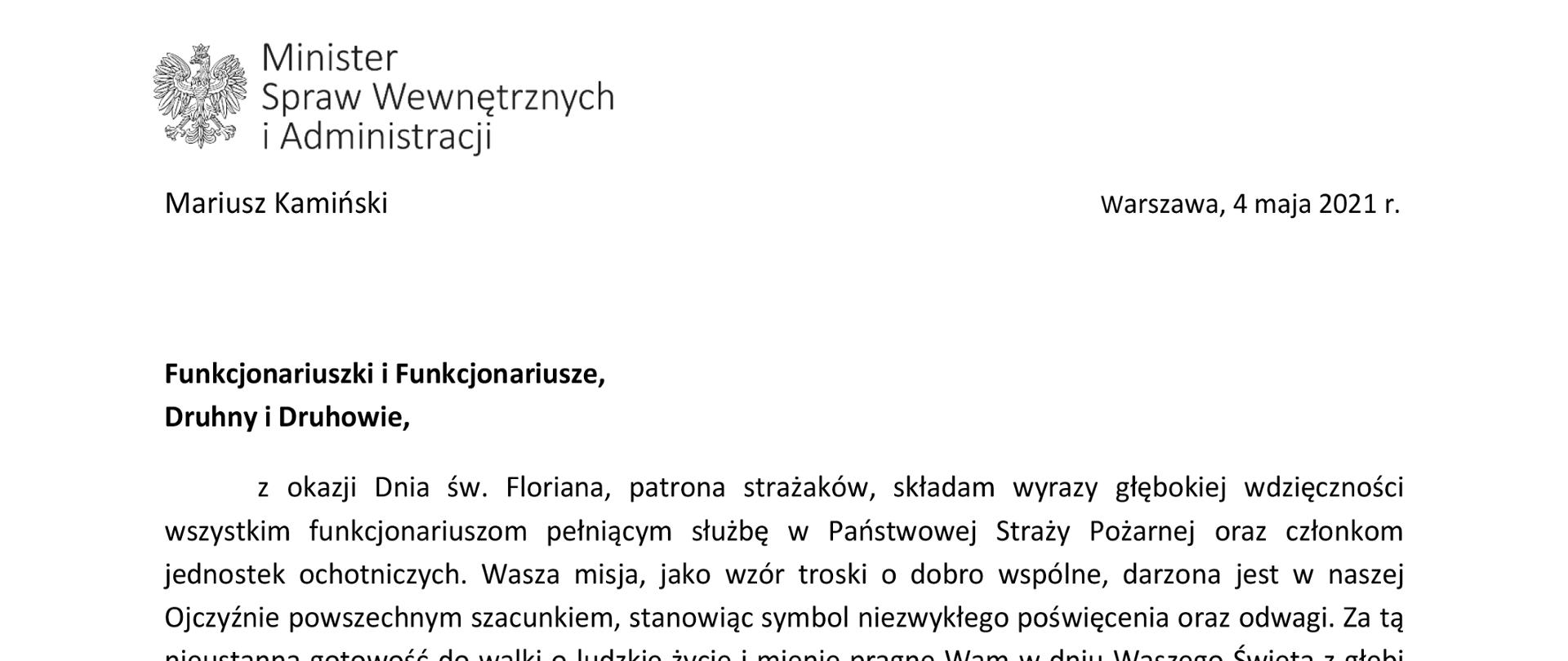 Życzenia Ministra Spraw Wewnętrznych i Administracji Pana Mariusza Kamińskiego z okazji Dnia Strażaka 2021