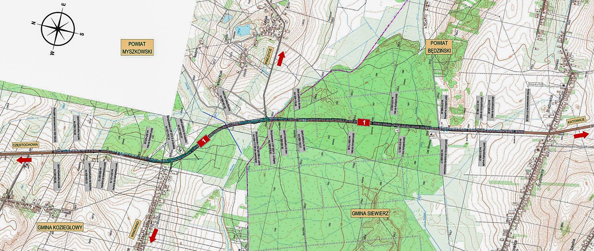 Grafika przedstawia plan sytuacyjny przebudowy DK91 pomiędzy Markowicami a Brudzowicami. Odcinek zlokalizowany jest w granicach województwa śląskiego w powiecie myszkowskim (gmina Koziegłowy) oraz powiecie będzińskim (gmina Siewierz) i przebiega przez miejscowości Winowo, Zabijak i Brudzowice.
