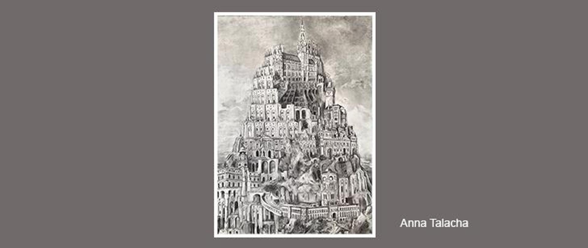 Grafika. Bogaty, wysoki, wielopoziomowy budynek. Budowla składa się z wielu części. Jest kilka ratuszy z otoczeniem.
