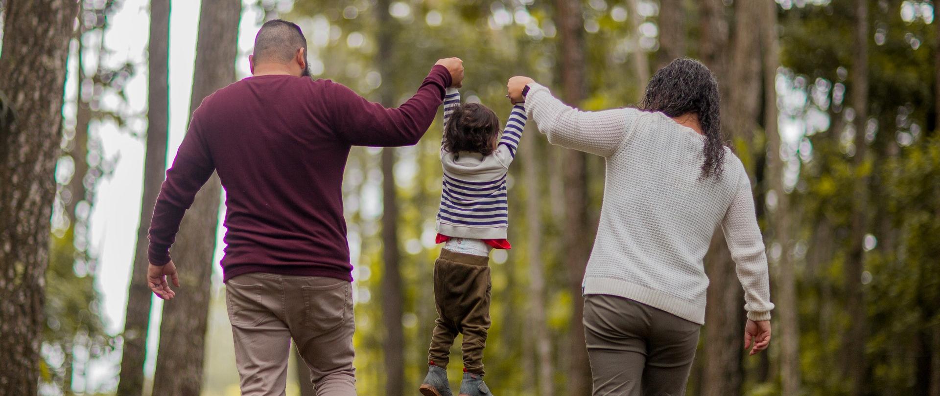 rodzice spacerujący po lesie unoszący między sobą na rękach kilkuletnie dziecko