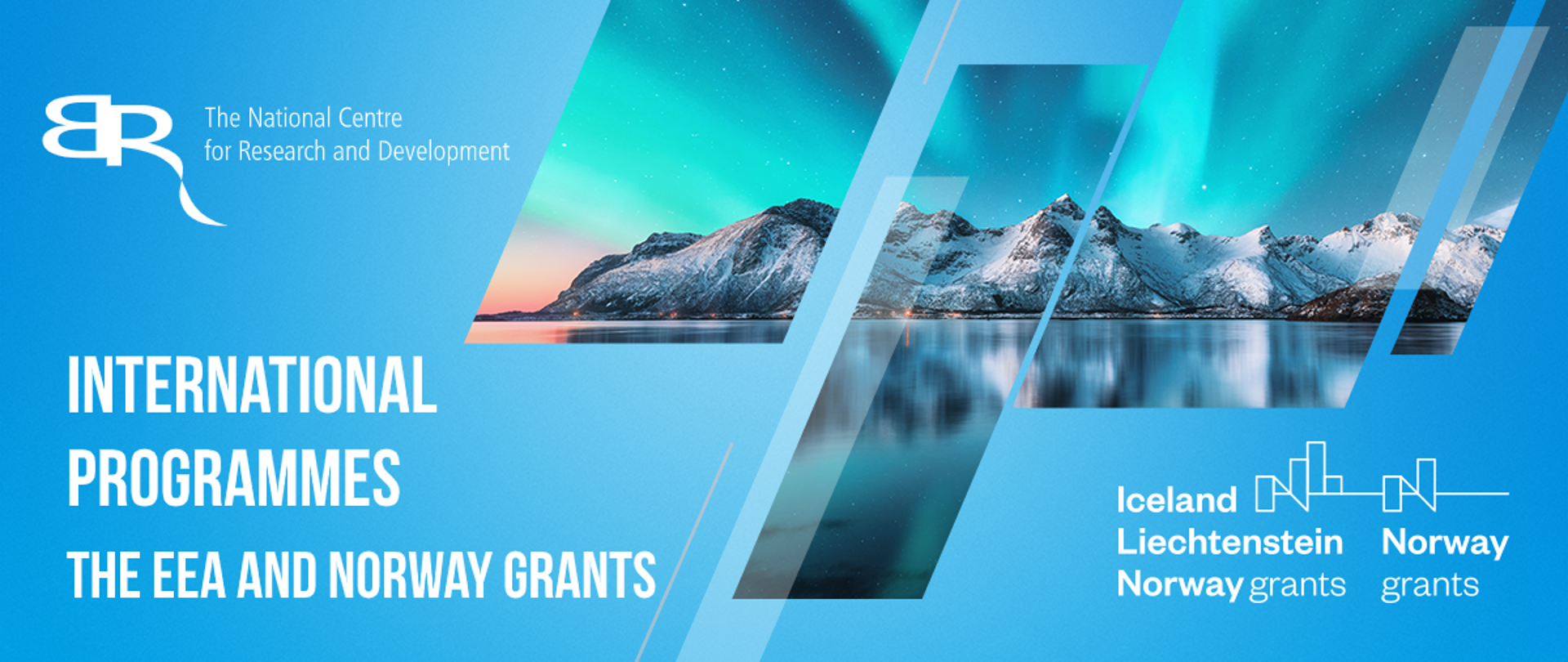 The inscription International Programs the EEA and Norway Grants under the NCBR logo on a blue background, on the right - a view of mountains in rectangles