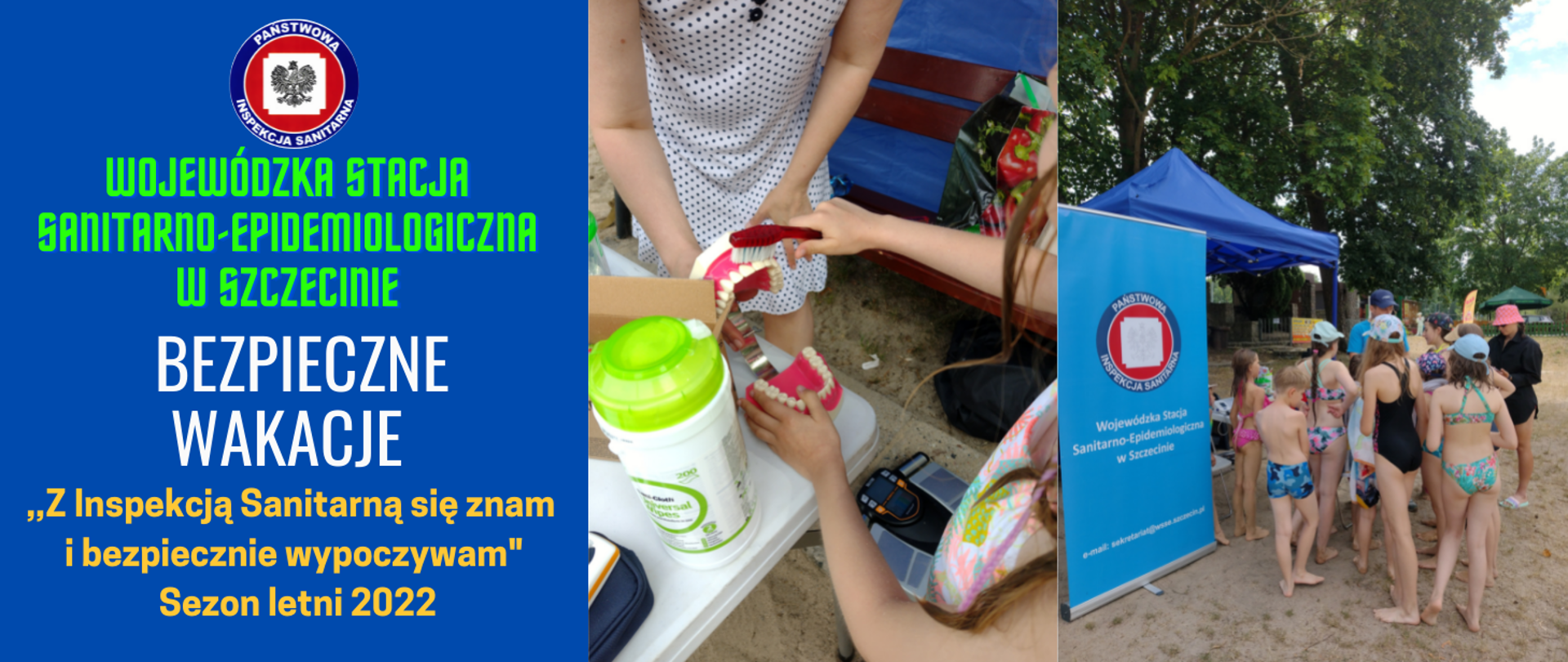 Grafika przedstawia kolorowe hasło akcji oraz fotografie osób odwiedzających stoisko profilaktyczne. 