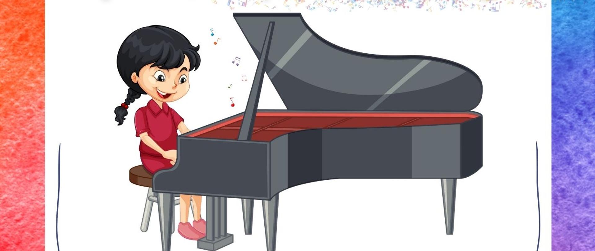 Plakat zapowiadający audycję muzyczną uczniów Zespołu Szkół Muzycznych im. Stanisława Moniuszki w Wałbrzychu z okazji 80-lecia szkoły. W centralnej części plakatu znajduje się informacja o wydarzeniu – audycja uczniów prowadzonych przez panią Stellę Wesołowską i panią Violettę Mrozińską. Tło jest kolorowe, tworzy ramkę w odcieniach żółci, zieleni, niebieskiego, czerwieni i fioletu. Po lewej stronie znajduje się rysunek dziewczynki grającej na fortepianie, a obok symboliczny klucz wiolinowy ułożony z kolorowych nut. Na dole plakatu podane są szczegóły wydarzenia: data – 14 listopada 2025 r. o godzinie 16:30, miejsce – aula szkoły przy ul. Piętnastolecia 24.