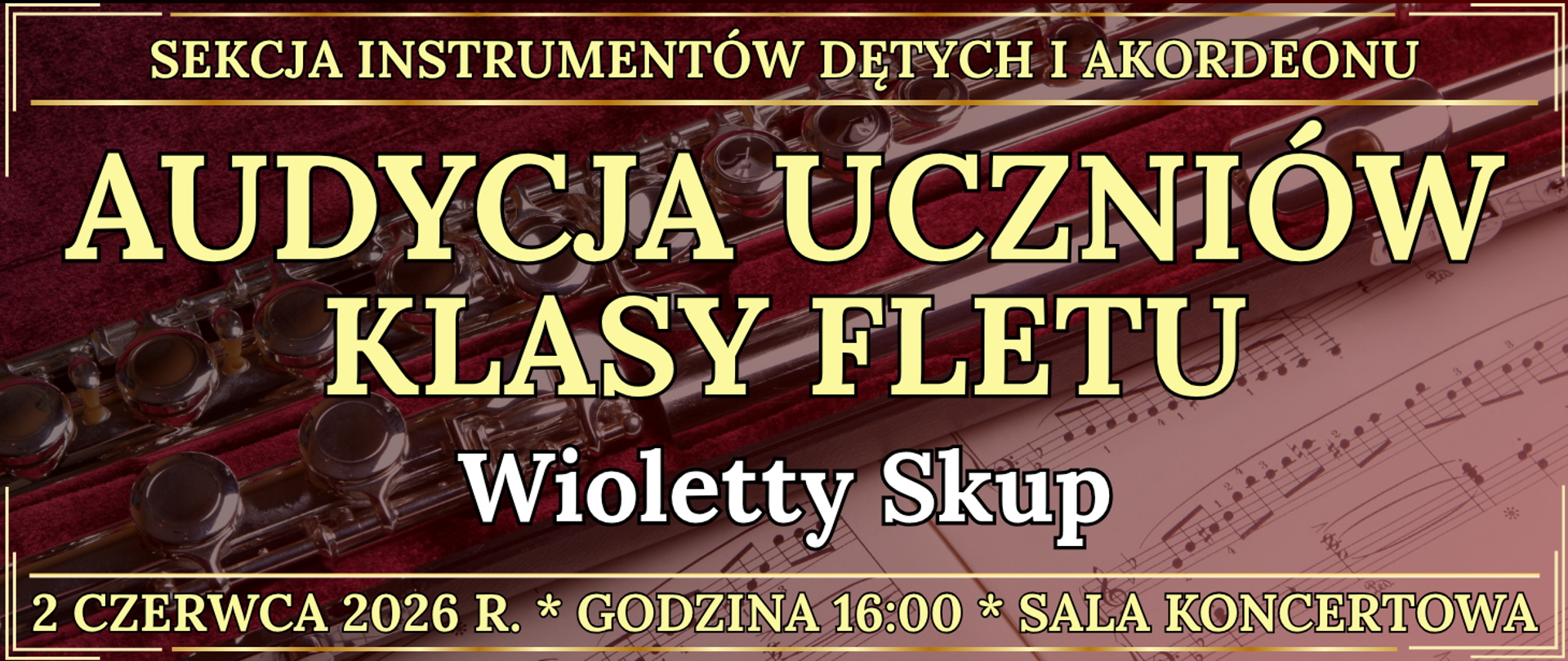 baner w tle flet poprzeczny leżący na nutach oraz informacja o wydarzeniu