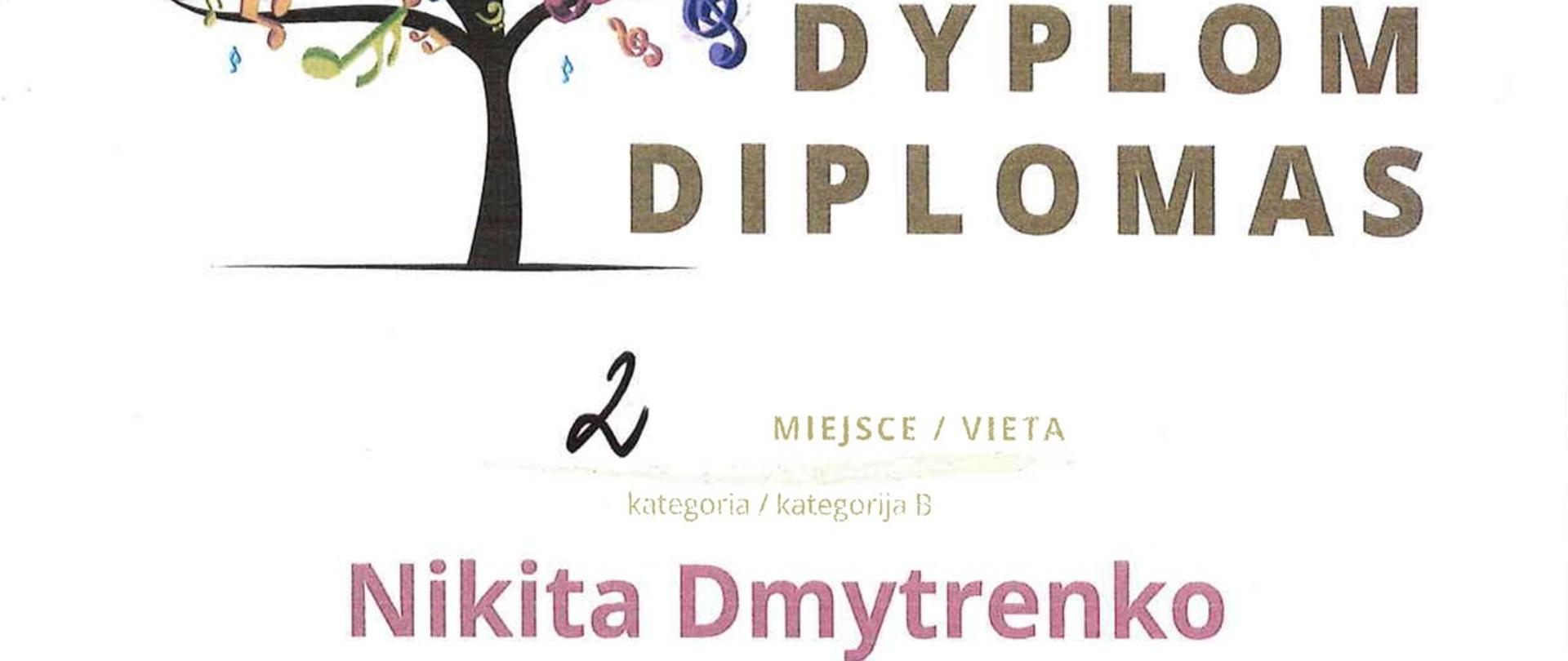 białe tło, kolorowe drzewo z nutami, fioletowy akcent Międzynarodowy Konkurs Instrumentalny, II edycja, dyplom, kategoria B, II miejsce, Nikita Dmytrenko, Puńsk 16-17 maja 2024
