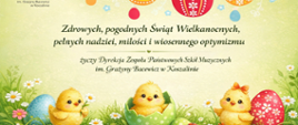 karta z życzeniami, na dole kurczaki w pisankach, u góry wiszące pisanki i logo szkoły
