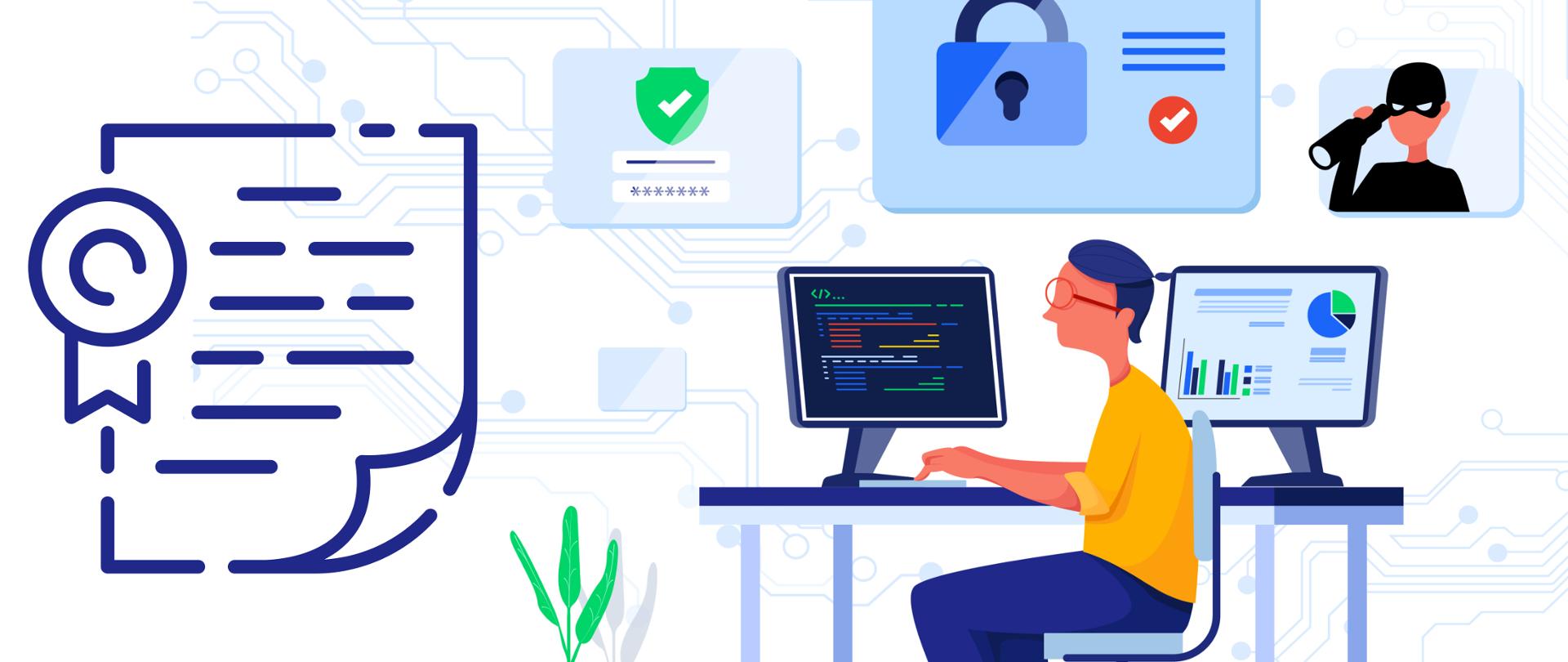 Kolorowa grafika. Mężczyzna siedzi przed ekranem komputera. Z oddali obserwuje go inny mężczyzna w masce symbolizujący hakera. 