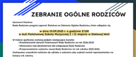 Grafika informacyjna zapraszająca na Zebranie Ogólne Rodziców organizowane przez Radę Rodziców Państwowej Szkoły Muzycznej I i II stopnia w Stalowej Woli. Spotkanie odbędzie się 19 września 2025 roku o godzinie 17:00 w Auli szkoły. W programie: przedstawienie danych finansowych za rok szkolny 2024/2025, głosowanie nad absolutorium dla ustępującej Rady Rodziców oraz wybory nowej Rady na rok szkolny 2025/2026. Na dole podpis: "Z poważaniem, Rada Rodziców przy PSM I i II stopnia w Stalowej Woli". Tło graficzne w kolorach niebieskim, zielonym i złotym, z ozdobnymi liniami.