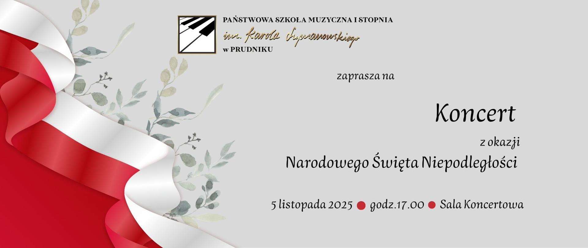 Baner z informacją o koncercie z okazji Narodowego Święta Niepodległości. Baner ozdobiony elementem biało-czerwonej flagi Polski.
