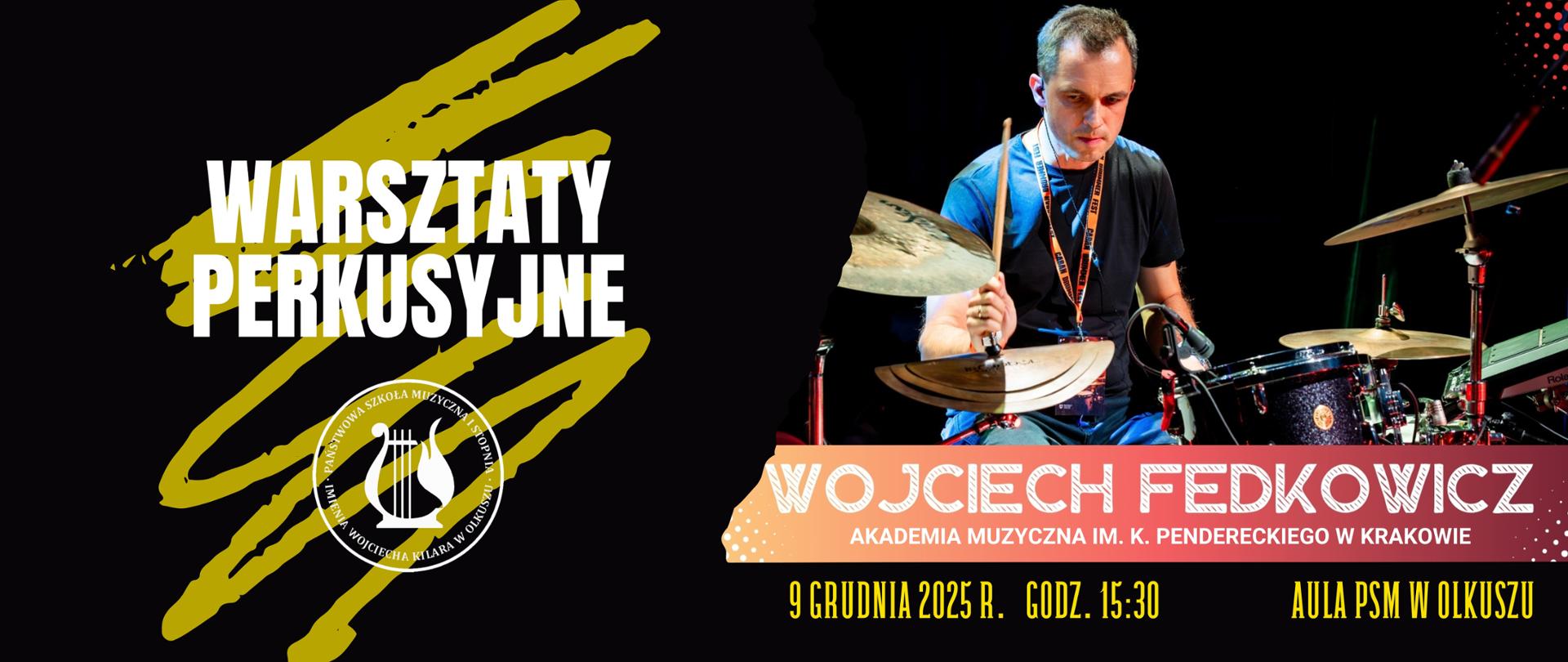 czarne tło, z prawej strony zdjęcie prowadzącego warsztaty, z lewej żółty zygzak, białe i żółte napisy