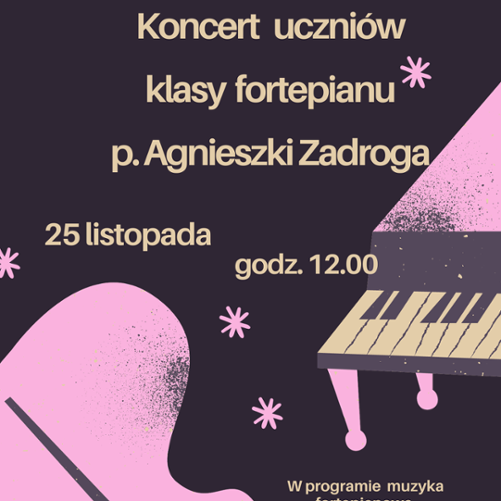 Grafika przedstawiająca fortepian z biało czarnymi klawiszami. Grafika w kolorach fioletowym, czarnym i różowym. Żółtymi dużymi literami informacje o audycji klasowej. Na kartce porozsiewane różowe małe gwiazdki.