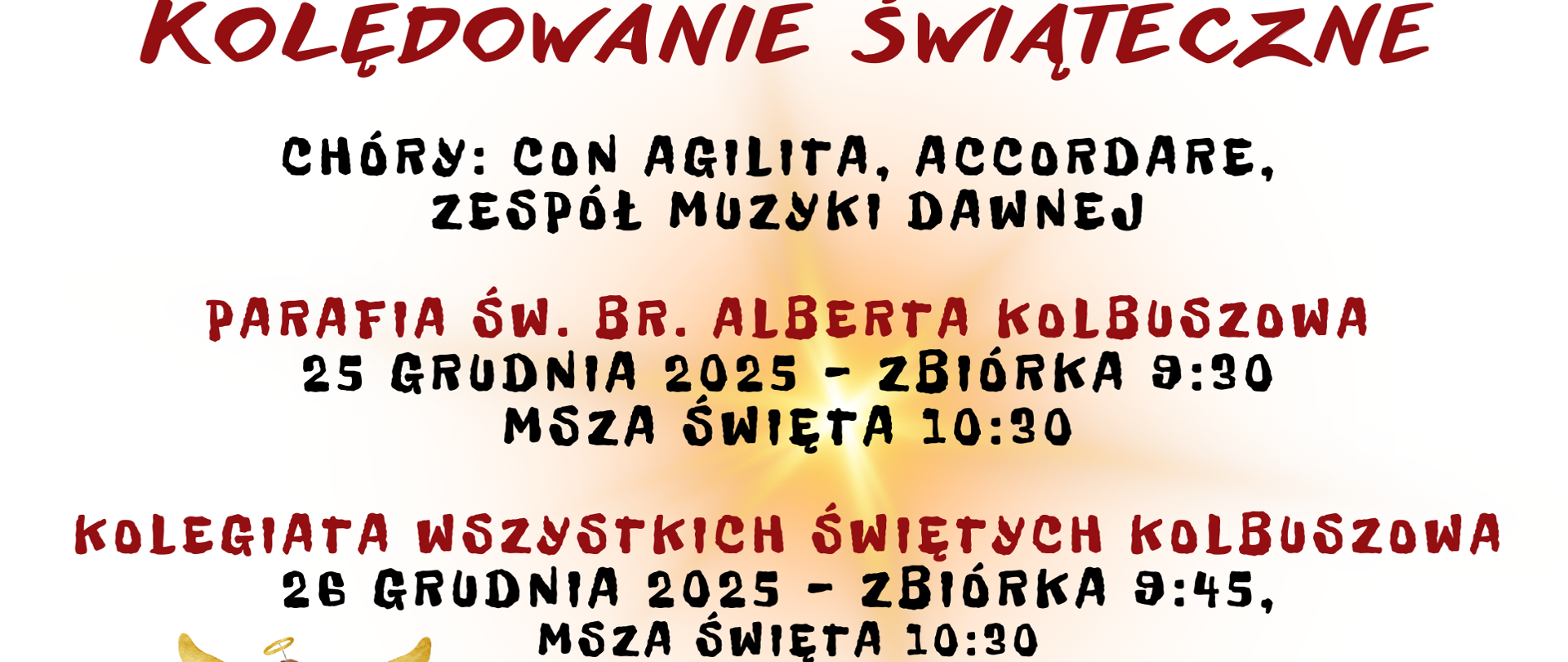 Plakat na białym tle z informacja o wydarzeniu w kolorze czarno bordowym. 