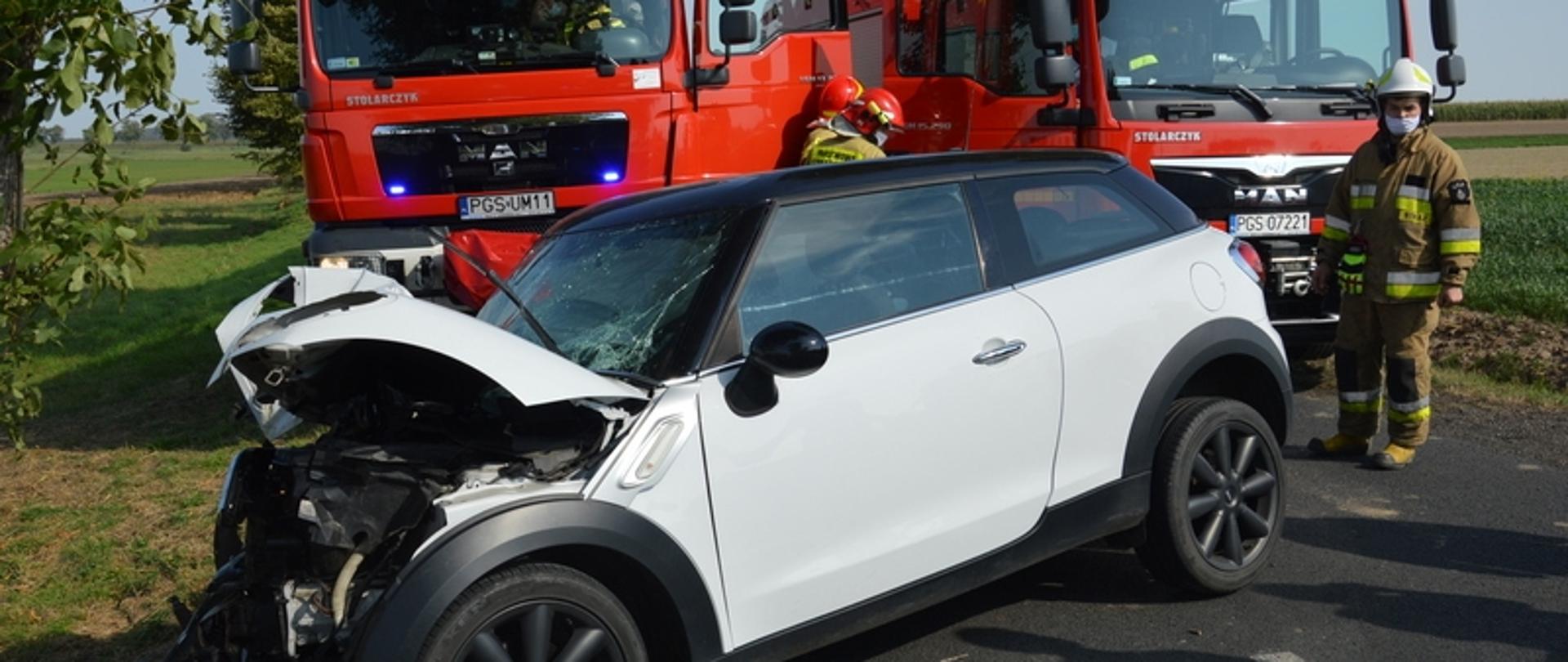 Na zdjęciu znajduje się uszkodzony samochód osobowy po uderzeniu w drzewo oraz dwa samochody pożarnicze.