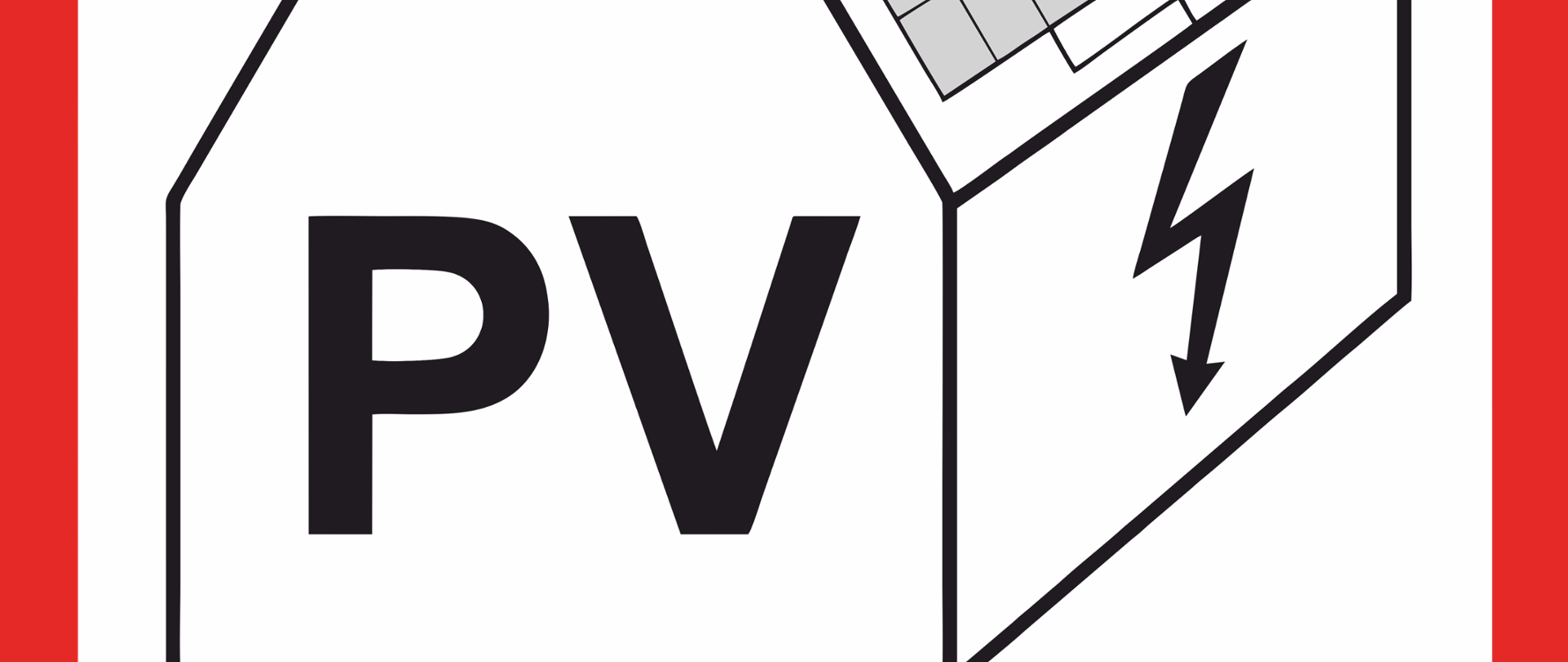 Czerwona obwódka kwadratu, szkielet domu z panelami fotowoltaicznymi na dachu i napisem PV w środku, u góry po prawej stronie słońce