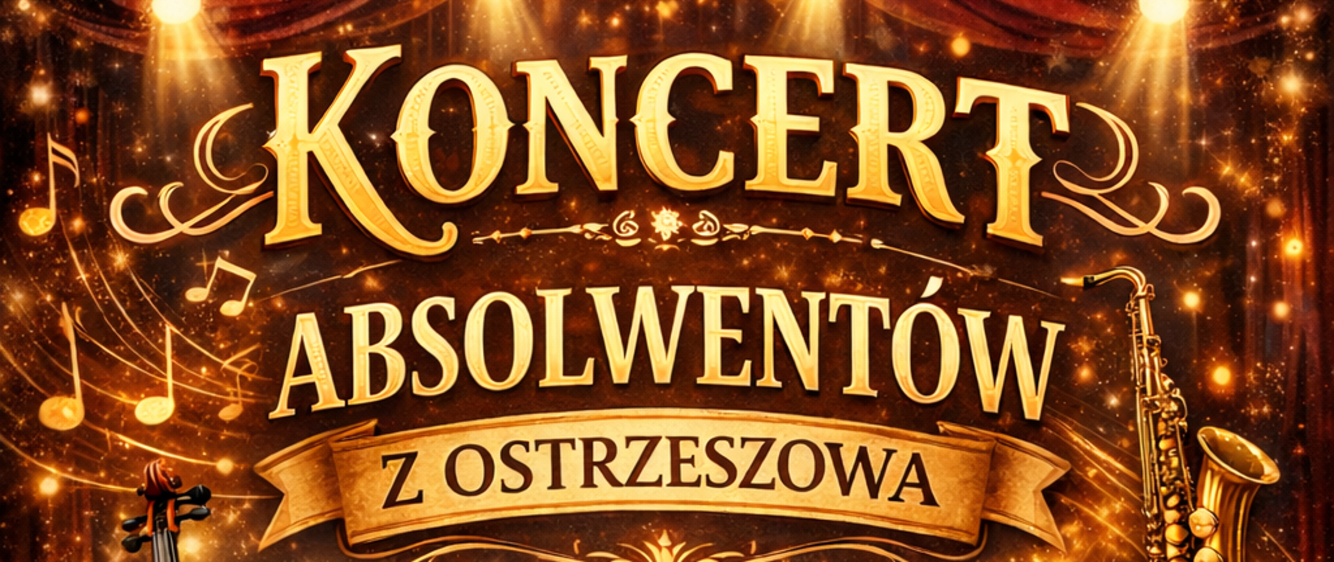 U góry napis z tytułem koncertu. Po prawej stronie grafika przedstawiająca saksofon. Po drugiej stronie skrzypce, na środku fortepian. Na dole publiczność.