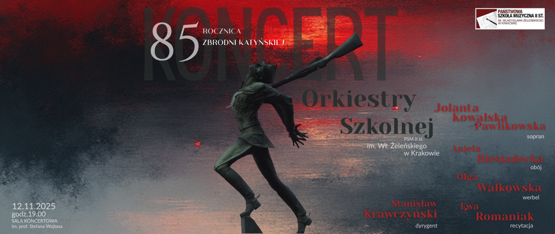 Koncert "85 ROCZNICA ZBRODNI KATYŃSKIEJ" 12.11.2025 godz.19.00 plakat czerwono szary z grafiką żołnierza