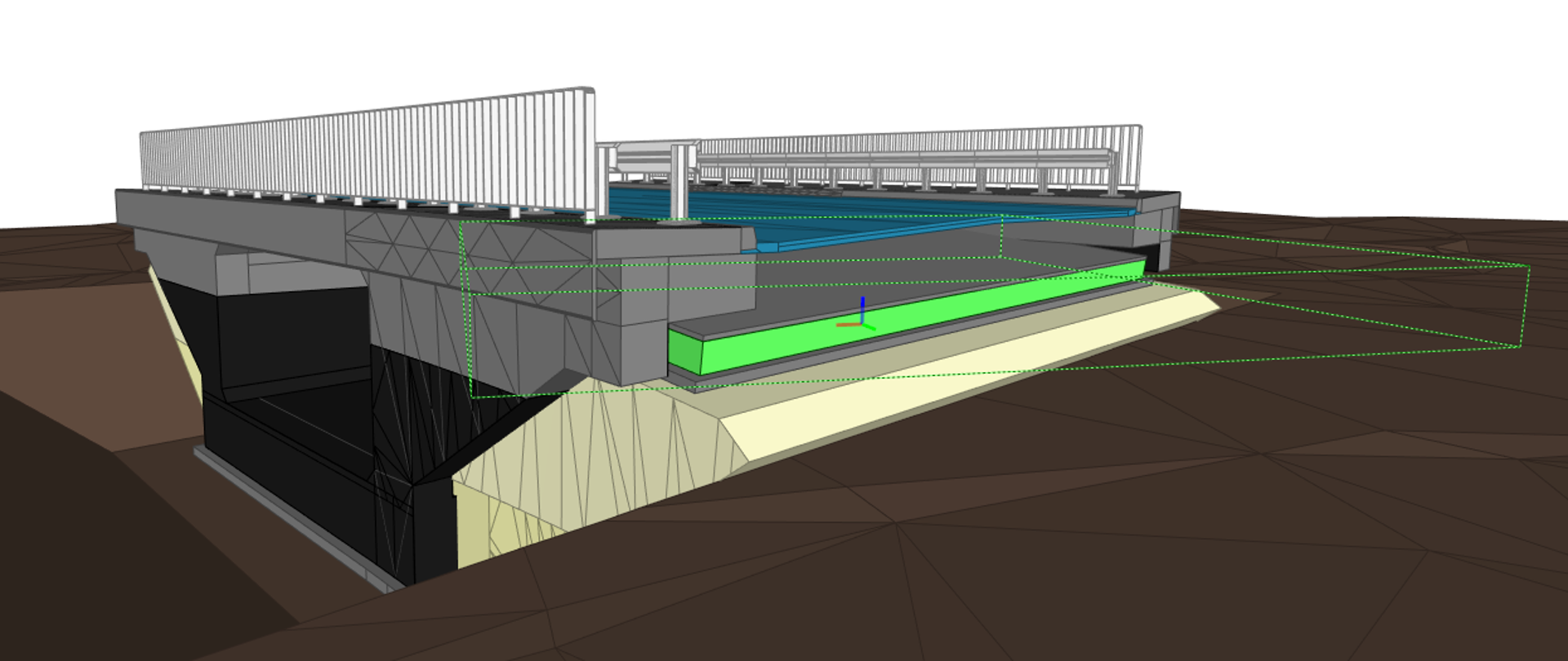 Rysunek przedstawia fragment mostu zaprojektowany w ramach BIM. Most posiada bariery drogowe energochłonne oraz balustrady po zewnętrznej stronie mostu.
