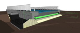 Rysunek przedstawia fragment mostu zaprojektowany w ramach BIM. Most posiada bariery drogowe energochłonne oraz balustrady po zewnętrznej stronie mostu.