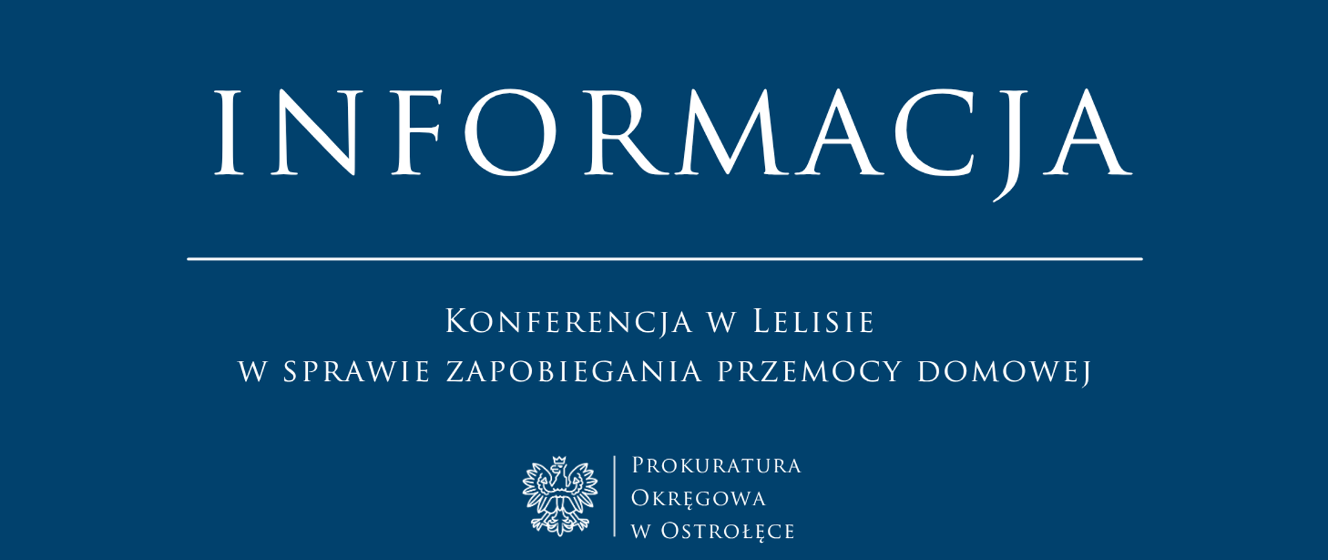Biały napis Informacja KONFERENCJA W LELISIE W SPRAWIE ZAPOBIEGANIA PRZEMOCY DOMOWEJ na niebieskim tle.