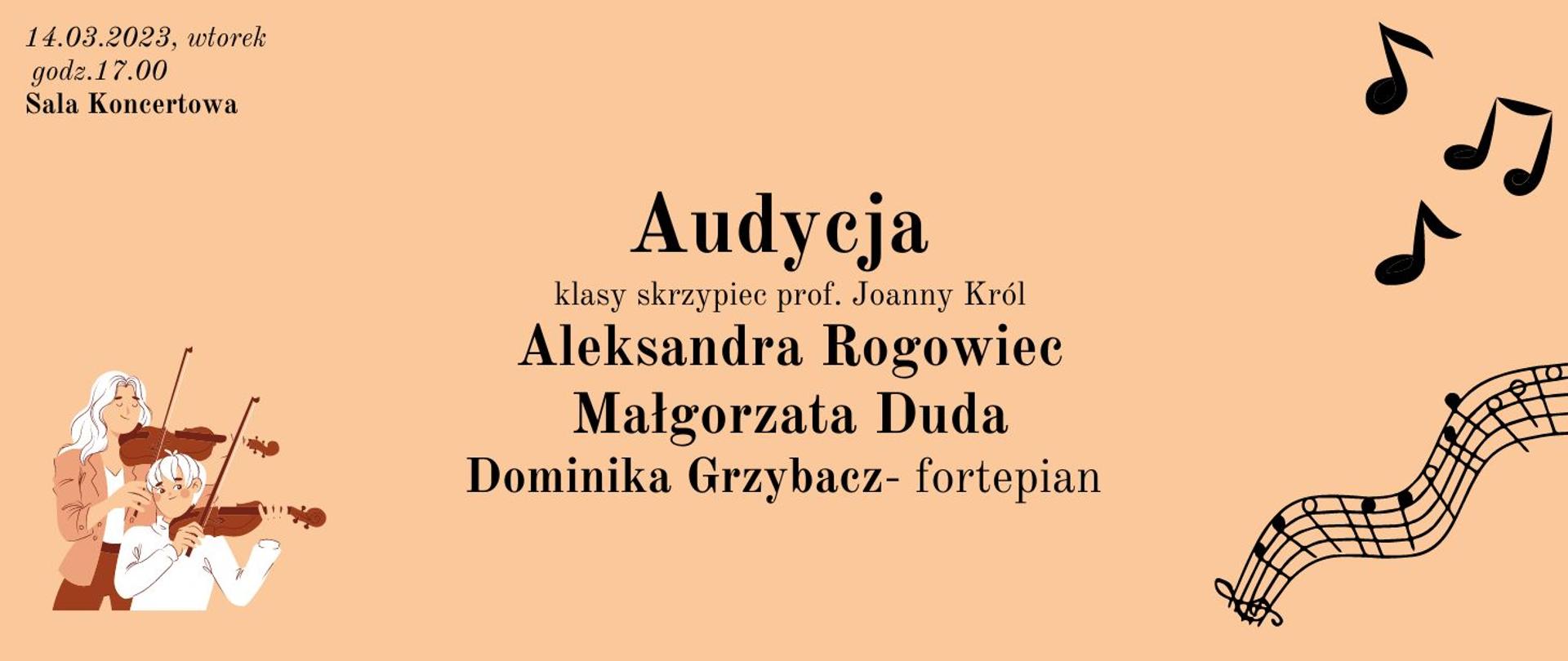 na beżowym tle grafika grające dzieci i nuty napis audycja klasy skrzypiec prof. Joanna Król