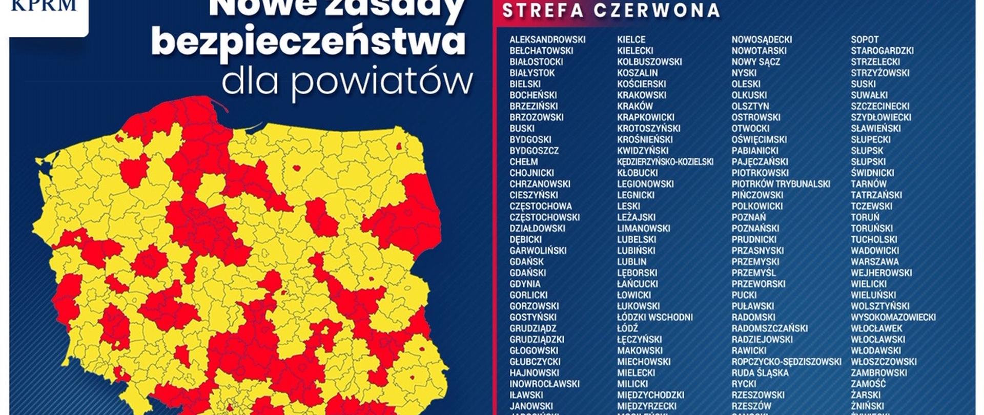 Mapa Polski z podziałem na powiaty w strefie czerwonej i żółtej
