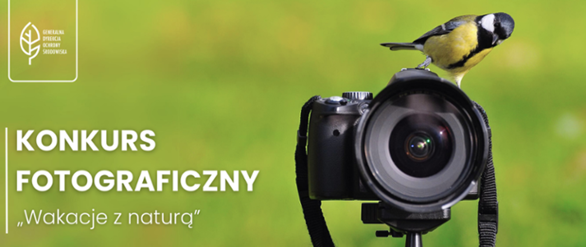 Na zielonym tle widać aparat fotograficzny na którym siedzi sikorka bogatka (głowa sikorki jest czarna z białymi policzkami. Brzuch tego ptaka jest żółty, a przez środek przebiega czarna pręga). W lewym górnym rogu logotyp Generalnej Dyrekcji Ochrony Środowiska (biały liść). Poniżej napis: Konkurs fotograficzny "Wakacje z naturą".