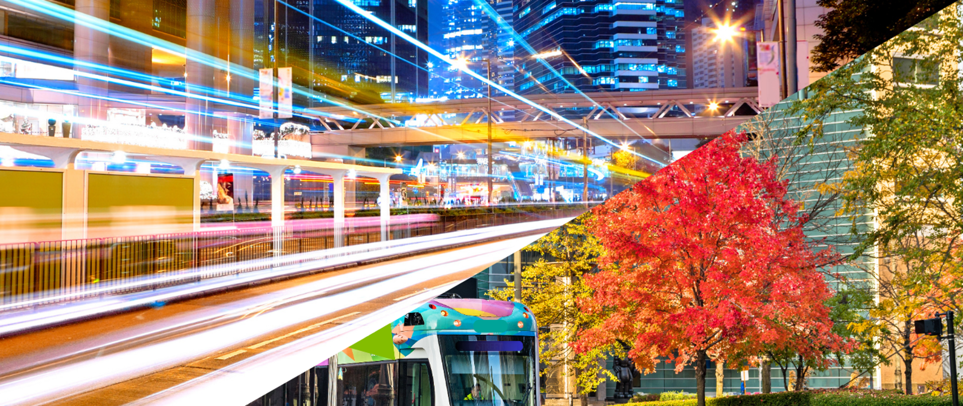 wieczorny widok oświetlonego miasta, komunikacja miejska, kolorowy tramwaj 