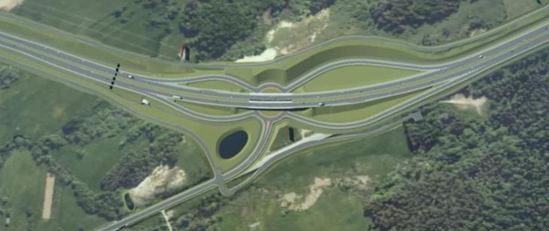 Węzeł Barwinek z lotu ptaka, widoczne są jezdnie i rondo