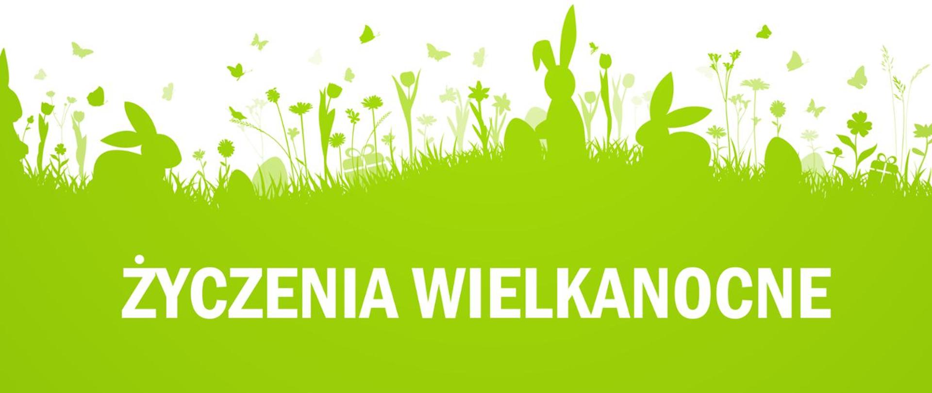 Obraz dwukolorowy - biało-zielony, Na białym tle kompozycja przedstawiająca łąkę na której w trawie uwidoczniono zajączki wielkanocne, pisanki i kilka prezentów. Na dole, na zielonym tle napis: "Życzenia Wielkanocne" 