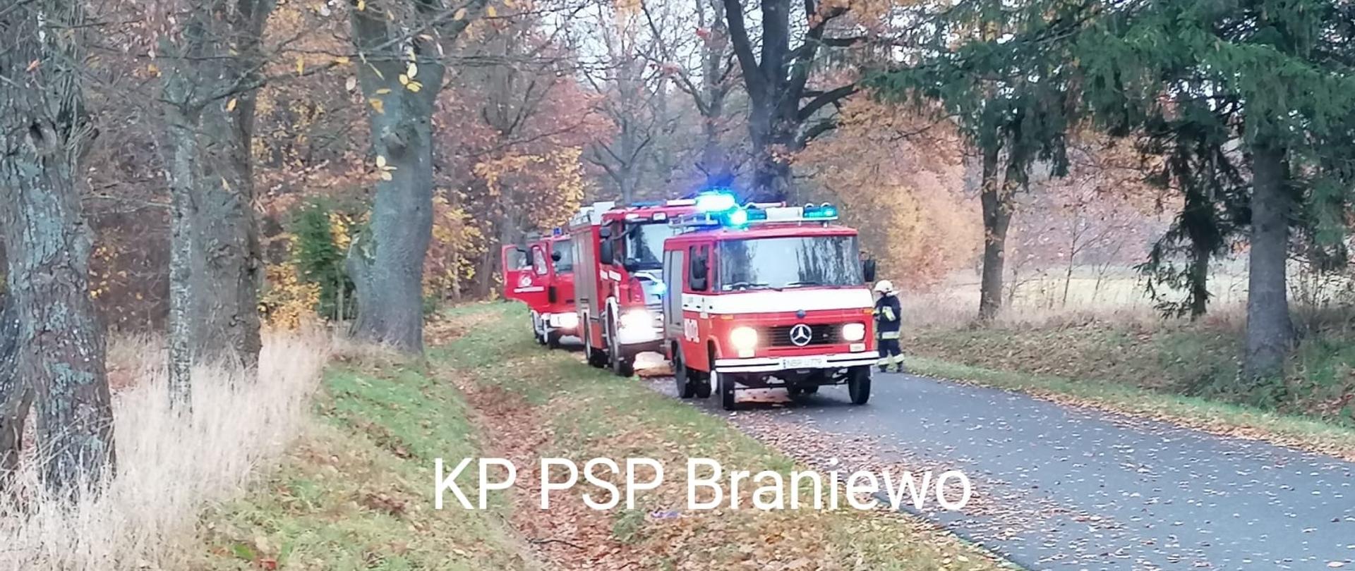 Na drodze stoją jeden za drugim trzy samochody strażackie. Jesień, dużo liści.