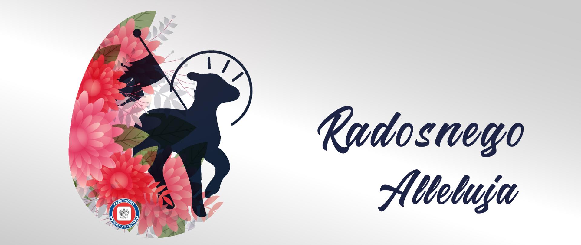 Grafika ilustrująca baranka wielkanocnego na tle kwiatów układających się w kształt jajka z logo PIS oraz napisem Radosnego Alleluja