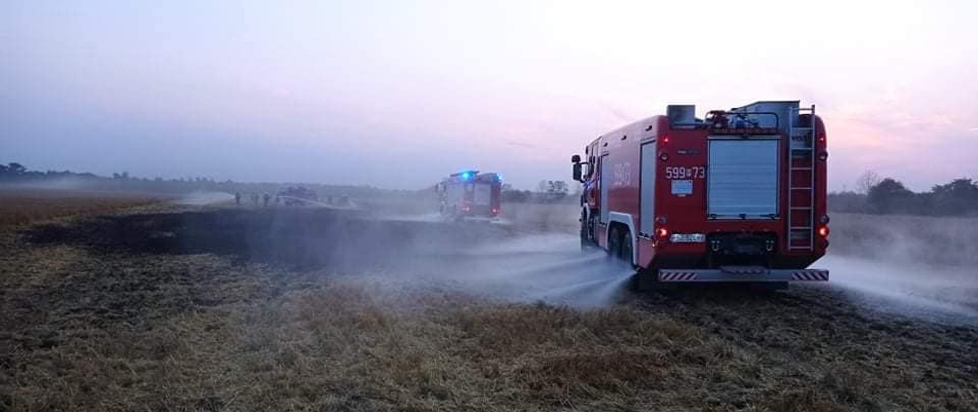 Widać dwa samochody strażackie, które gaszą pożar ścierniska