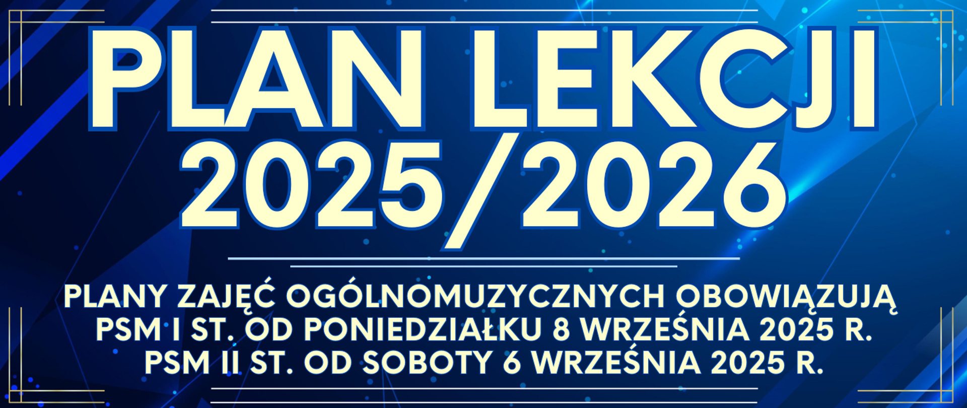 baner w ciemno niebieskim kolorze z jasnymi narożnikami oraz informacja o planie lekcji