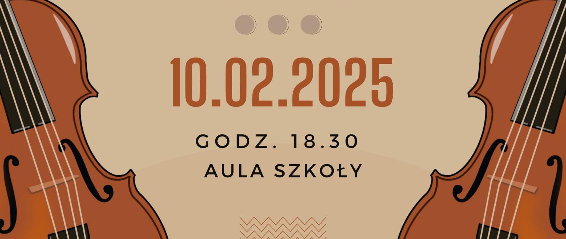 Beżowe tło, grafika skrzypiec, tekst dotyczący koncertu klasy skrzypiec p. Małgorzaty Kryś, Grażyny Mielińskiej, Pauliny Kuli