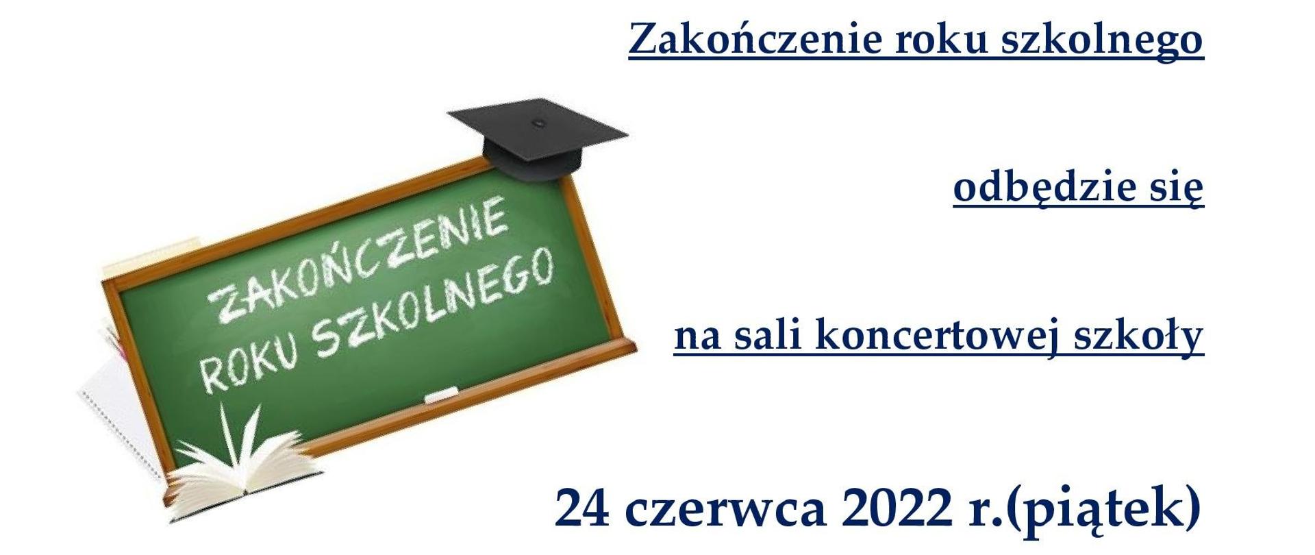 Grafika na białym tle przedstawia zieloną tablicę z napisem zakończenie roku szkolnego wraz z czapką uczniowską oraz opisem wydarzenia zakończenia roku 24 czerwca o godz. 16:00