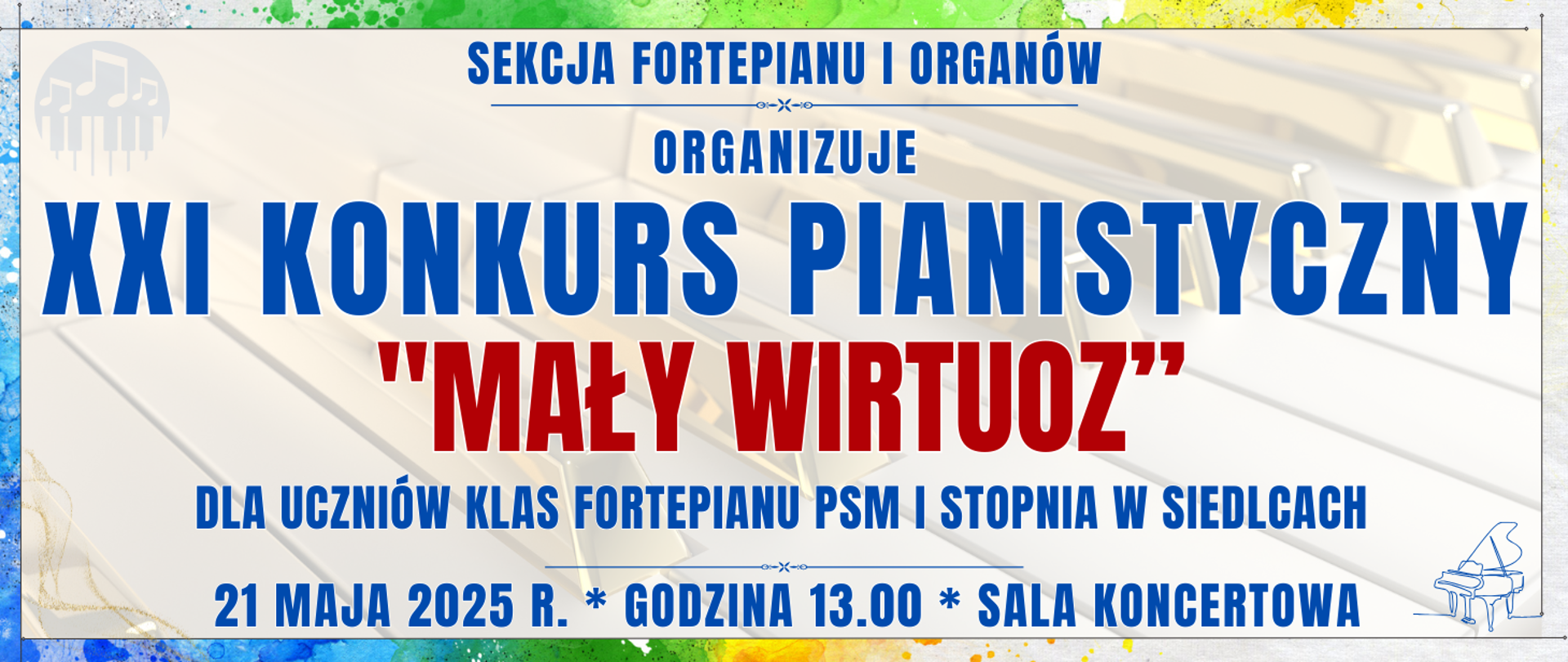 baner z kolorową ramką, w tle półprzezroczysta klawiatura fortepianu oraz informacja o wydarzeniu
