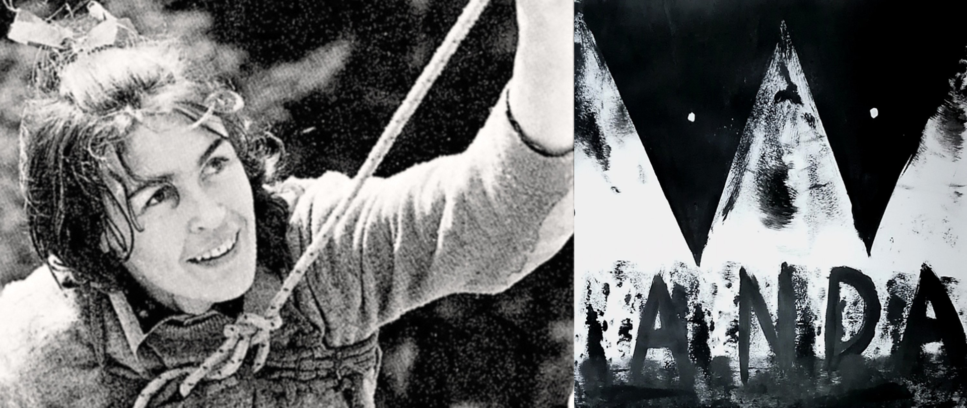 Zdjęcie Wandy Rutkiewicz i czarno-biała grafika przedstawiająca góry oraz napis WANDA