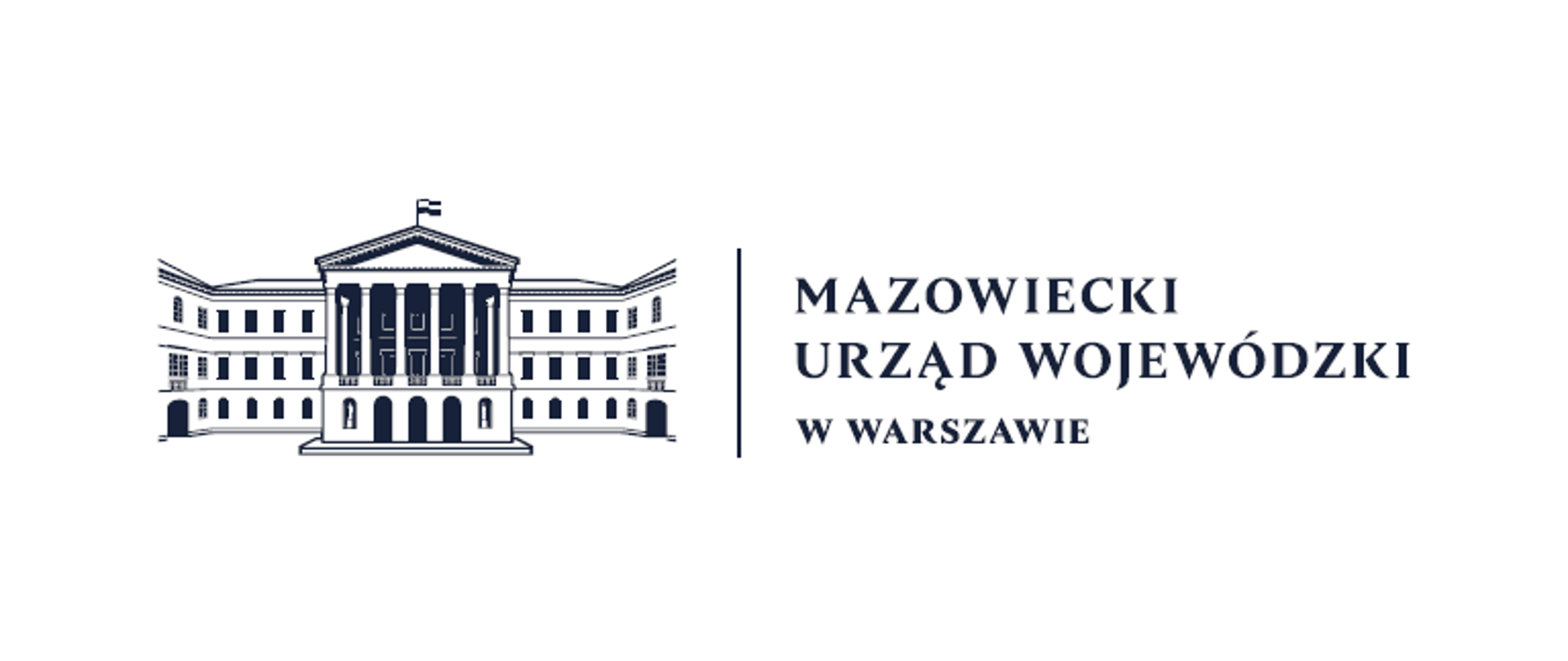 Grafika przestawia logo Mazowieckiego Urzędu Wojewódzkiego w Warszawie (granatowy logotyp na białym tle). Logo przedstawione zostało w poziomie: po lewej stronie znajduje się fragment gmachu siedziby urzędu, po prawej stronie napis "Mazowiecki Urząd Wojewódzki w Warszawie. 
