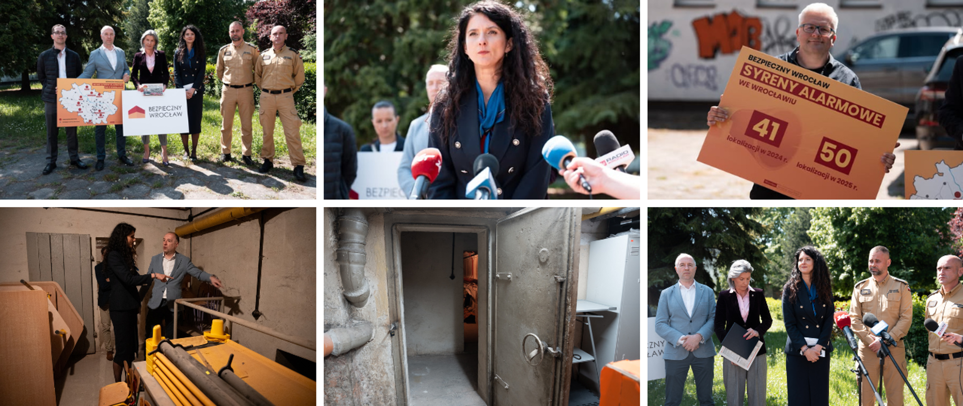 Kolaż zdjęć z konferencji prasowej i wizyty w schronie 