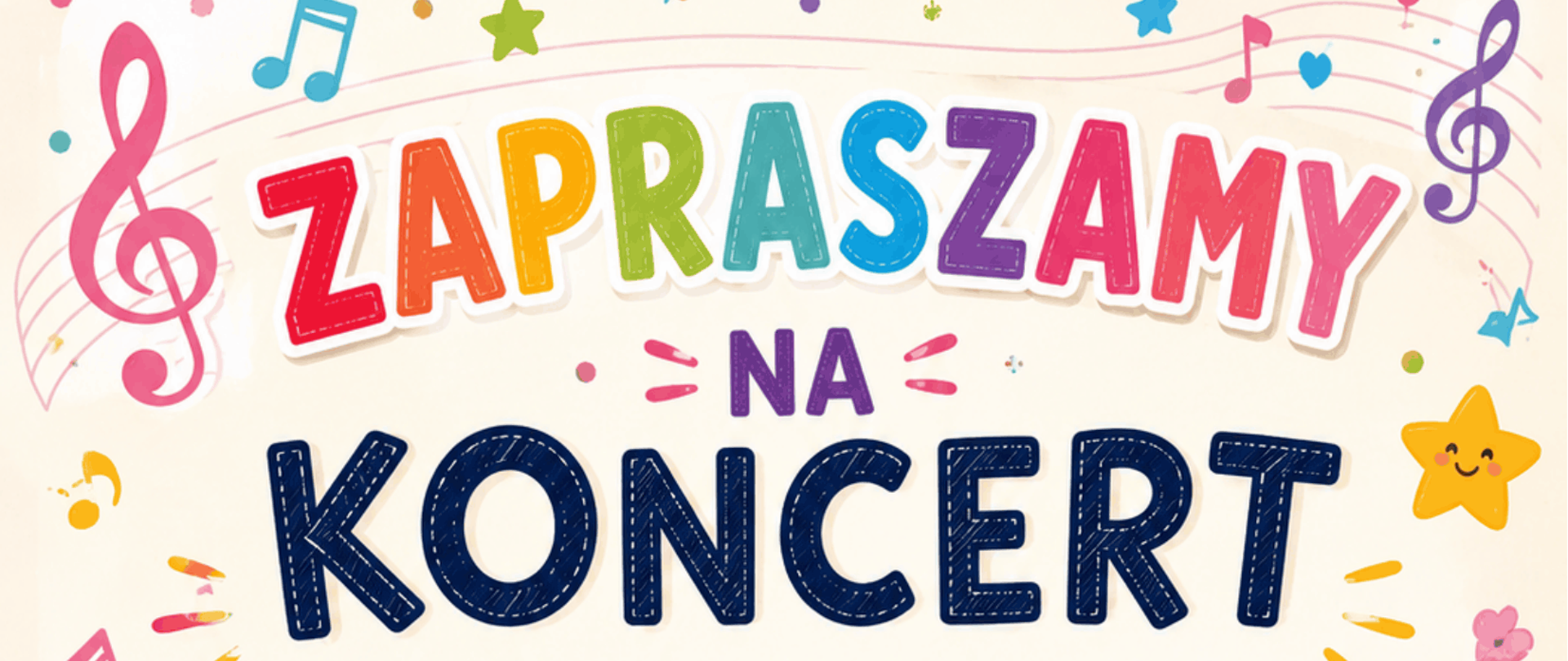 Kolorowy plakat zapraszający na koncert klasowy Eugenii Mazur. Na środku duży napis: „Zapraszamy na koncert klasowy Eugenii Mazur”. Poniżej informacje organizacyjne: 22 maja 2026 roku, godzina 16:30, sala kameralna. W dolnej części ilustracja czarnego fortepianu z otwartą klapą i taboretem. Obok siedzą uśmiechnięty kotek z różową kokardką oraz piesek z niebieską kokardką. Tło ozdobione jest nutkami, kluczami wiolinowymi, gwiazdkami i kolorowymi dekoracjami w pastelowych barwach.