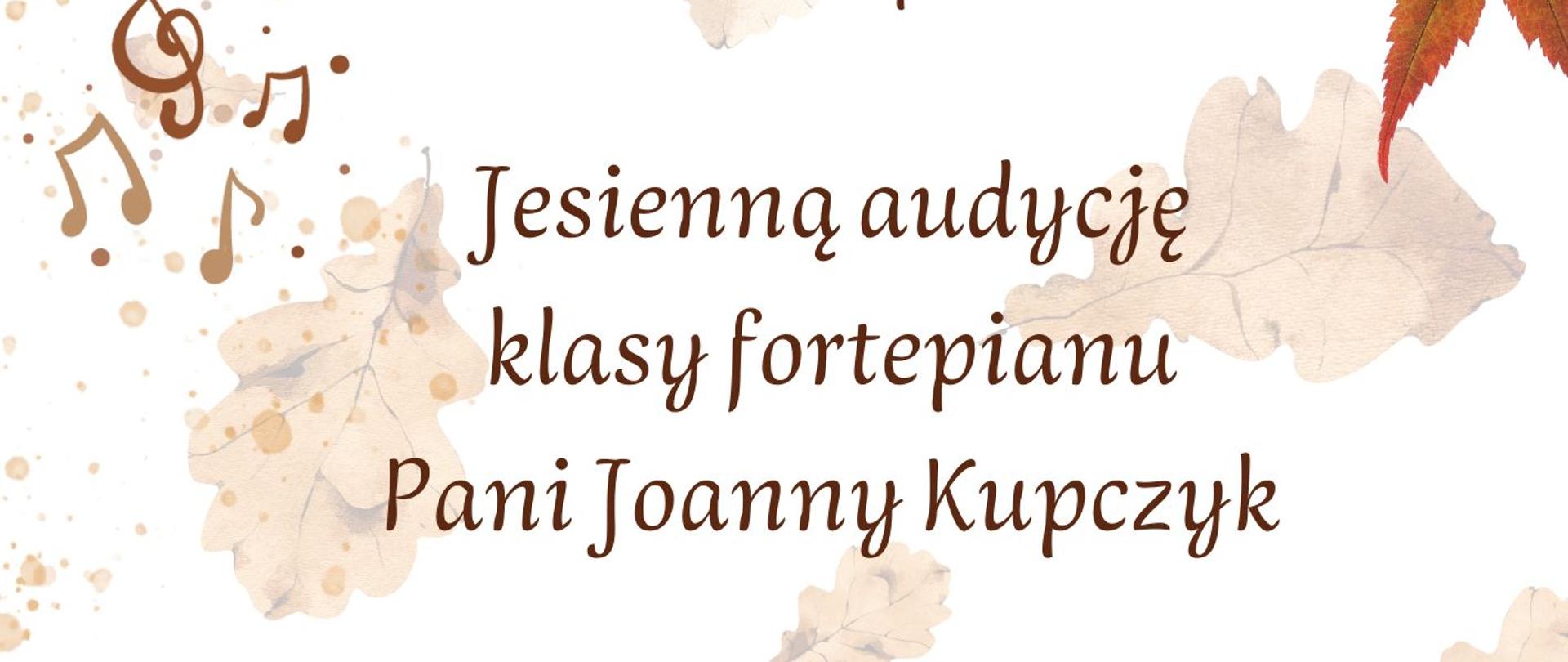 Plakat przedstawia grafikę fortepianu na beżowym tle, na którym są spadające brązowe liście dębu.