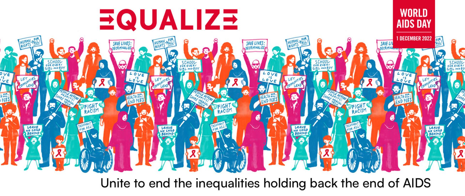 na obrazku jest duża grupa ludzi z transparentami w ręku, na górze napis Equalize i World AIDS Day
