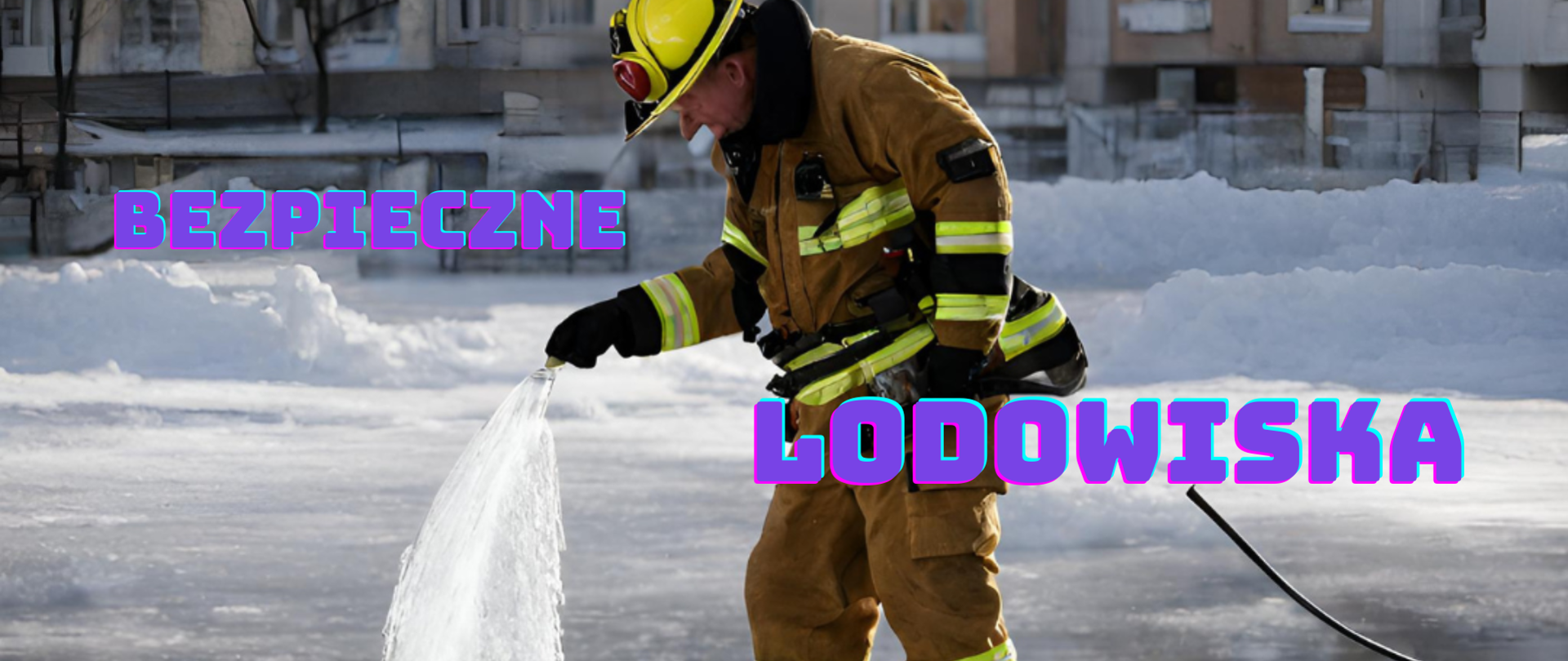 Strażak wylewający wodę na lodowisko 
