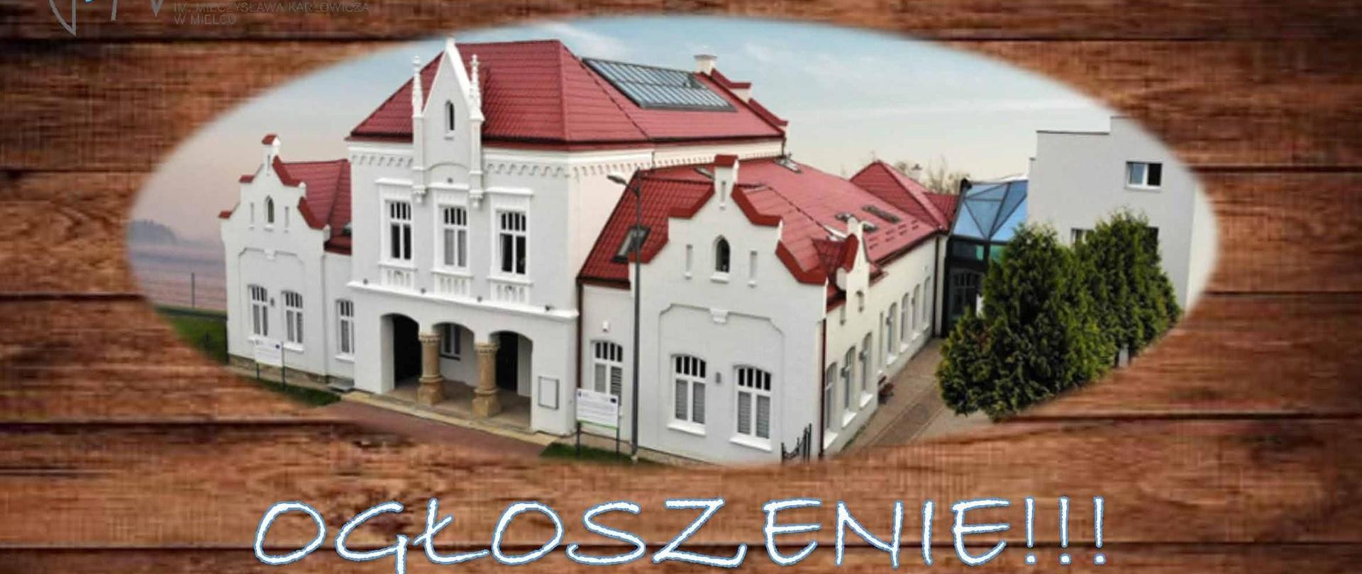 Drewniane tło, a na nim w okręgu zdjęcie szkoły oraz napis "Ogłoszenie !!! - 02.09.2024"