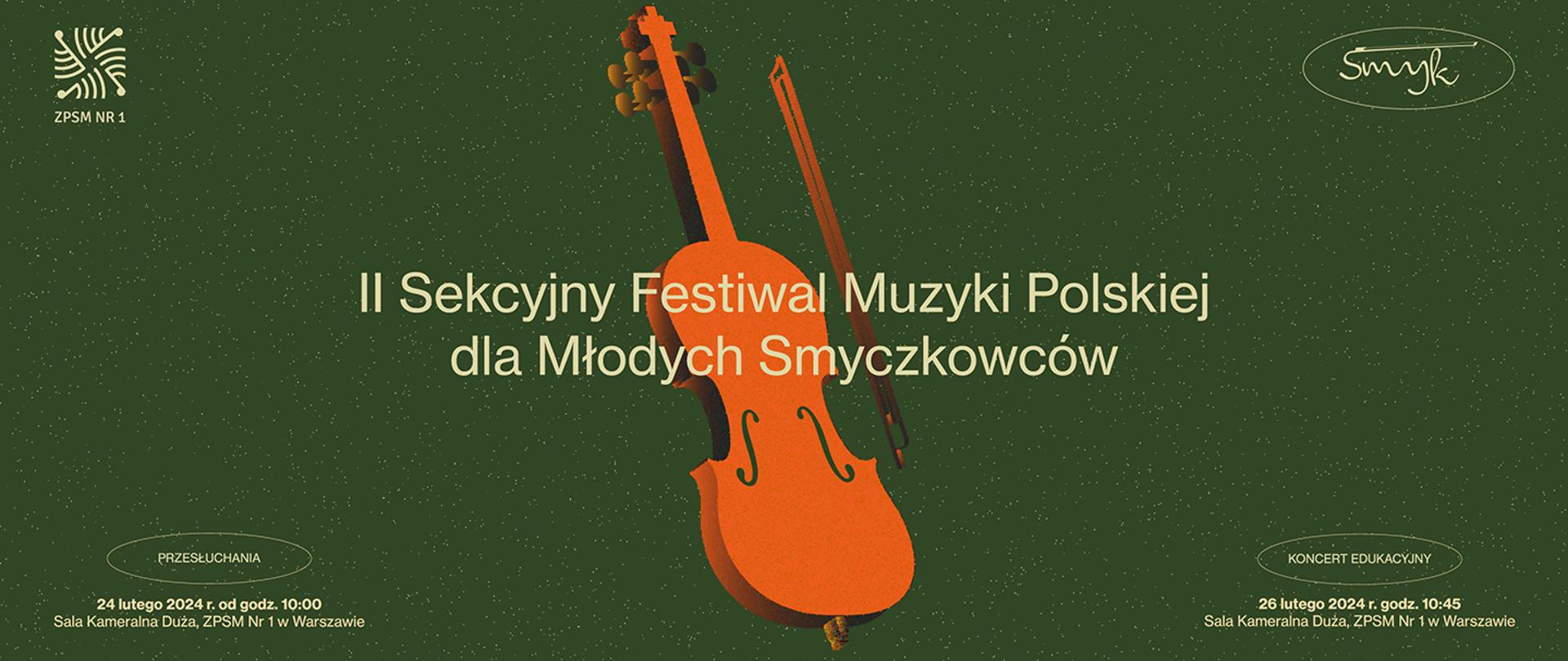 Skrzypce na zielonym tle, beżowe litery