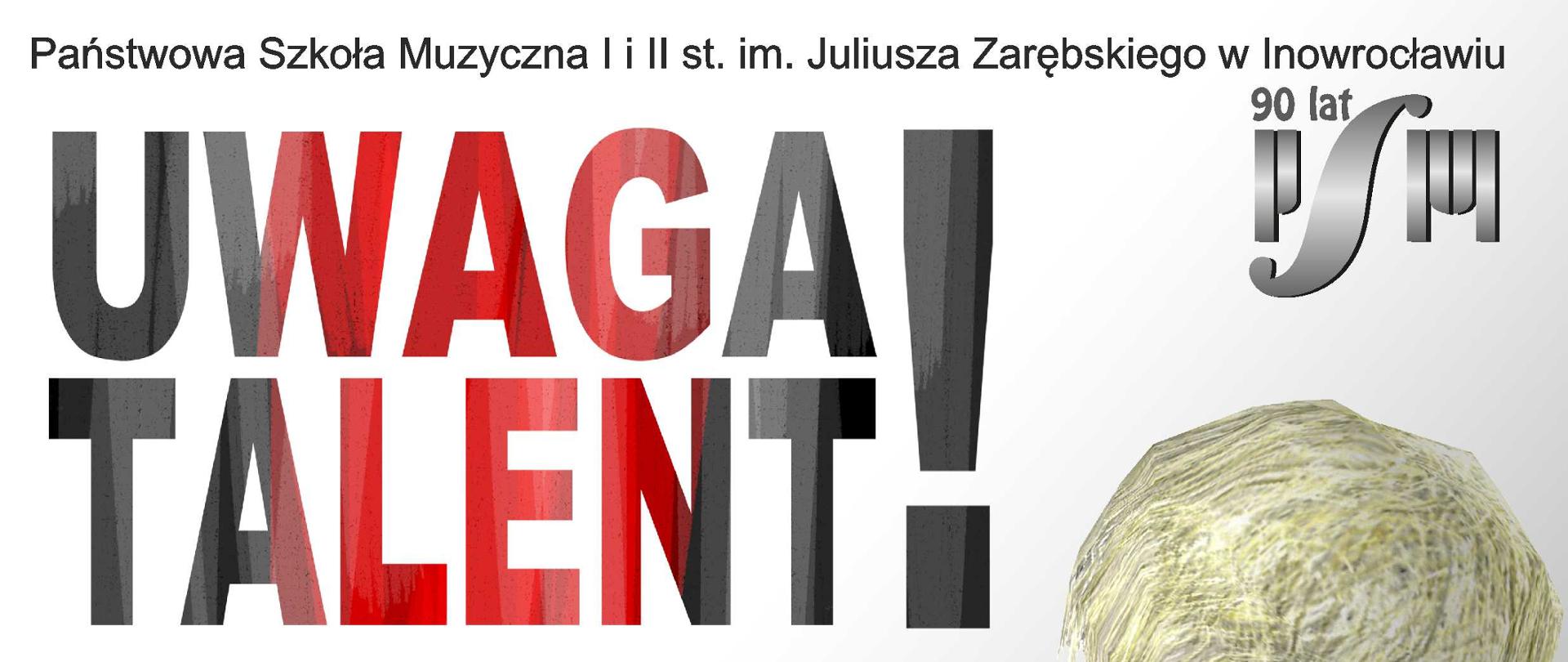 Plakat informujący o koncercie z cyklu Uwaga Talent. Na jasnym tle widoczny z prawej strony rysunek chłopca grającego na skrzypcach. Podana data wydarzenia 20 kwietnia 2023 roku oraz miejsce - sala koncertowa szkoły muzycznej