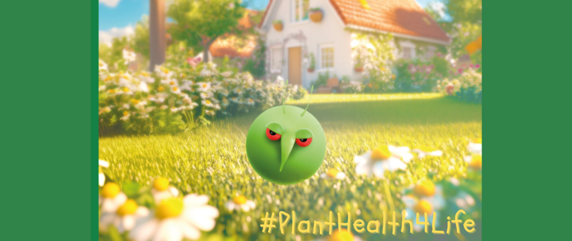 Grafika przedstawia domek z ogrodem, w ogrodzie latający szkodnik roślin. U góry napis: „Wielka akcja ratunkowa w ogrodzie. Walka z pestym, szkodnikiem roślin.” u dołu napis #PlantHealth4Life.