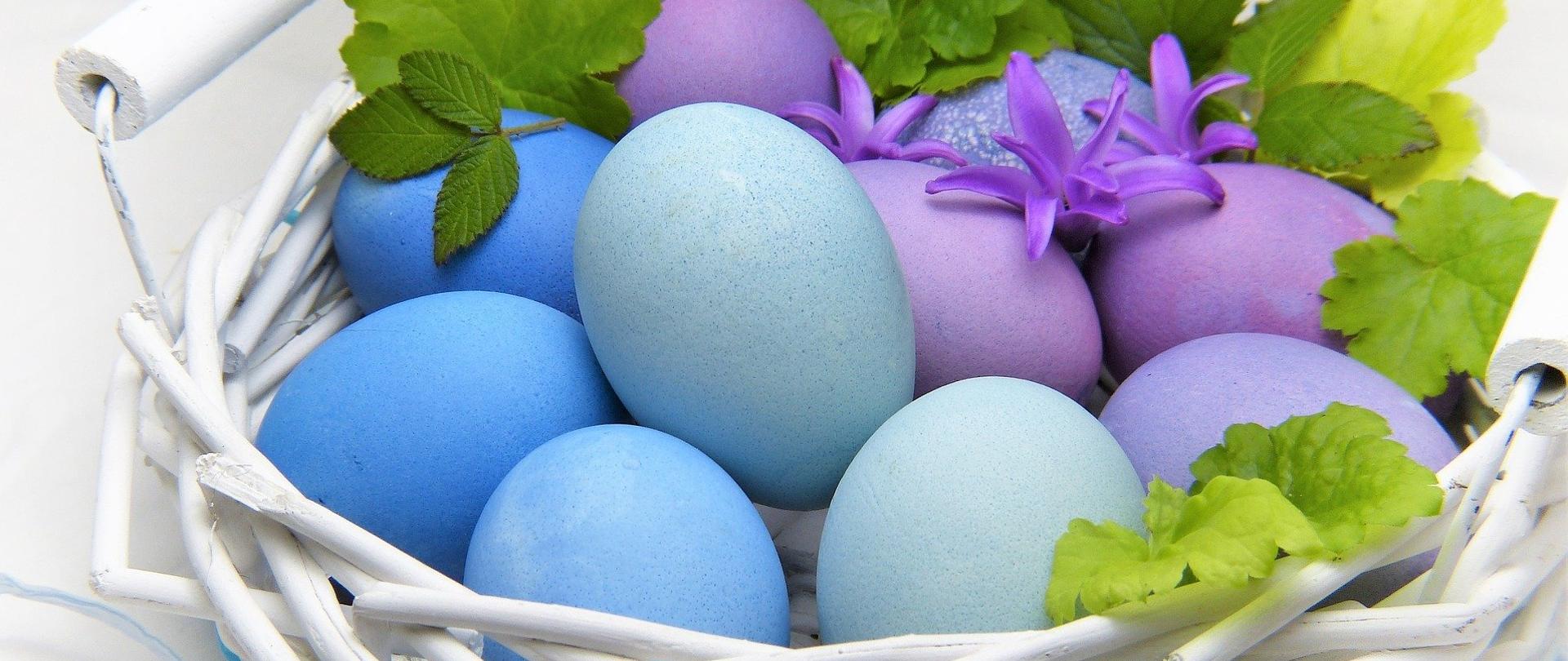 Zdjęcie przedstawiające biały koszyk wielkanocny z kolorowymi jajkami, przystrojone zielonymi liśćmi